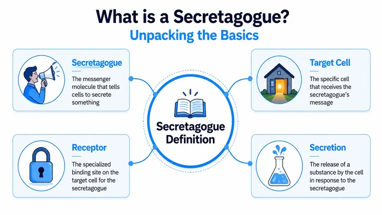 A diagram explaining the biological process of a secretagogue, identifying key components including target cells, receptors, and secretion.