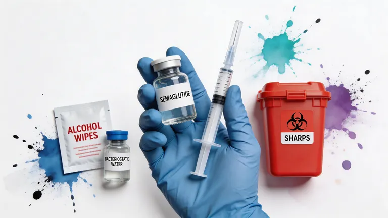 A hand in a blue medical glove holds a vial of semaglutide alongside a syringe and sharps container.