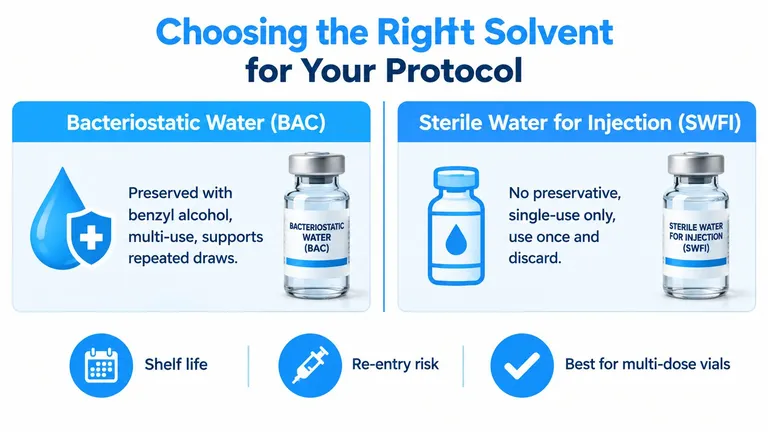 An educational infographic comparing Bacteriostatic Water and Sterile Water for Injection for medical use.
