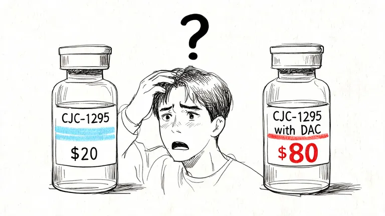 A confused person deciding between two vials labeled CJC-1295 and CJC-1295 with DAC at different prices.