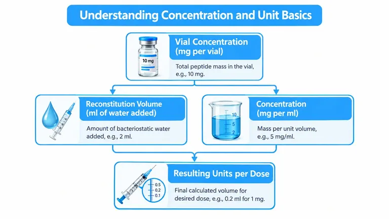 A diagram explaining how to calculate peptide dosage by combining vial concentration with reconstitution volume.