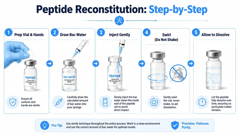 A five-step infographic showing how to safely reconstitute lyophilized peptides using bacteriostatic water in a sterile environment.
