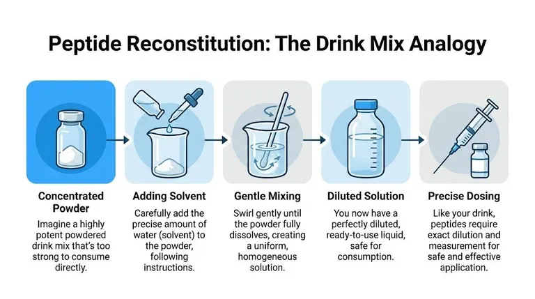 An infographic illustrating the peptide reconstitution process using a drink mix analogy across five distinct steps.