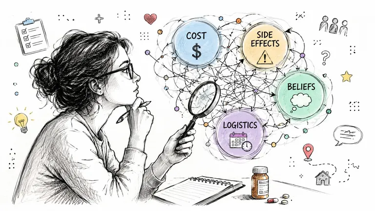 A woman contemplating complex factors like cost, side effects, beliefs, and logistics surrounding medication adherence.