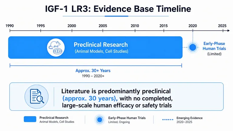 A timeline chart illustrating that IGF-1 LR3 research is predominantly preclinical with no large-scale human trials.