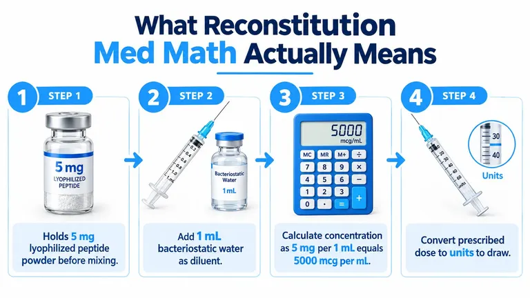 A four-step infographic explaining how to calculate medication reconstitution for peptide dosing using a simple math process.