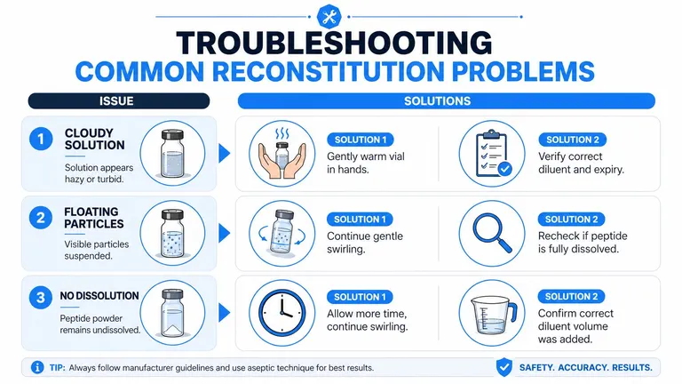 A troubleshooting guide explaining solutions for common peptide reconstitution problems like cloudy solutions, floating particles, and undissolved powder.