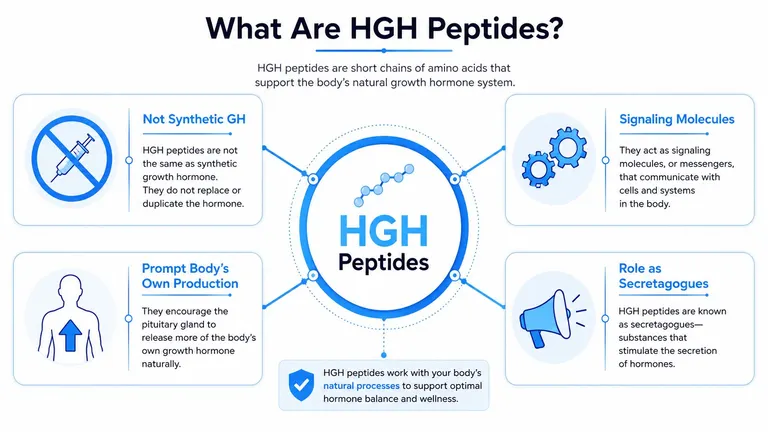An infographic titled What Are HGH Peptides explaining their role in supporting natural human growth hormone production.