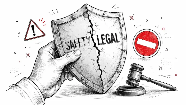 A hand holds a cracked shield labeled safety and legal next to a red stop sign and gavel.