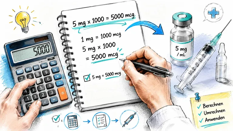 A hand using a calculator and pen to convert 5 milligrams to 5000 micrograms with medical equipment nearby.