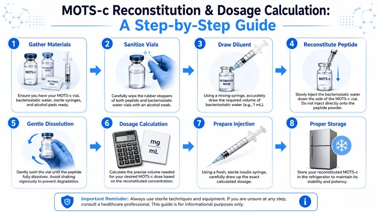 A step-by-step infographic guide explaining the process of reconstituting and calculating dosages for MOTS-c peptide.