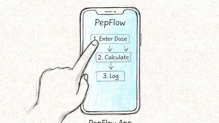 A hand touches the screen of a mobile phone displaying a three-step PepFlow dosage calculator interface.