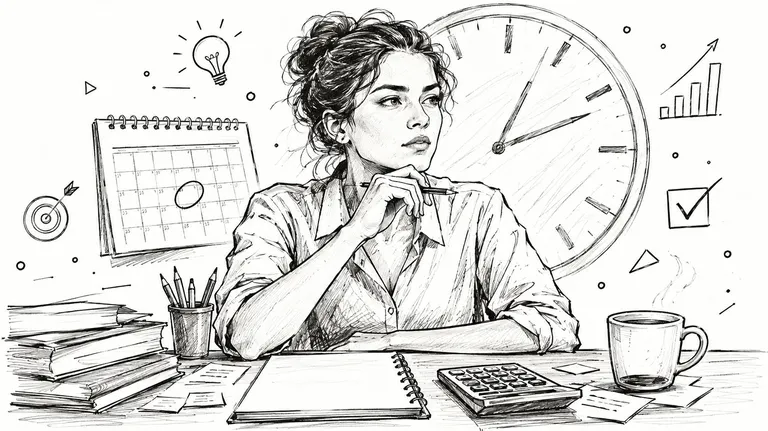 A professional woman sits at a desk with a notebook, calendar, clock, and coffee, focusing on planning.