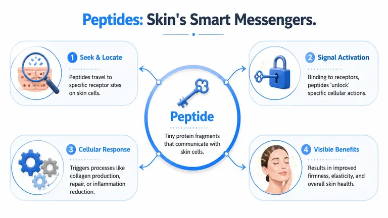 A four-step infographic explaining how peptides function as smart messengers to improve overall skin health.