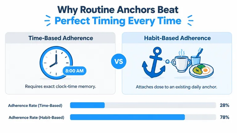 A comparison graphic showing habit-based adherence is more effective than time-based adherence for daily routines.