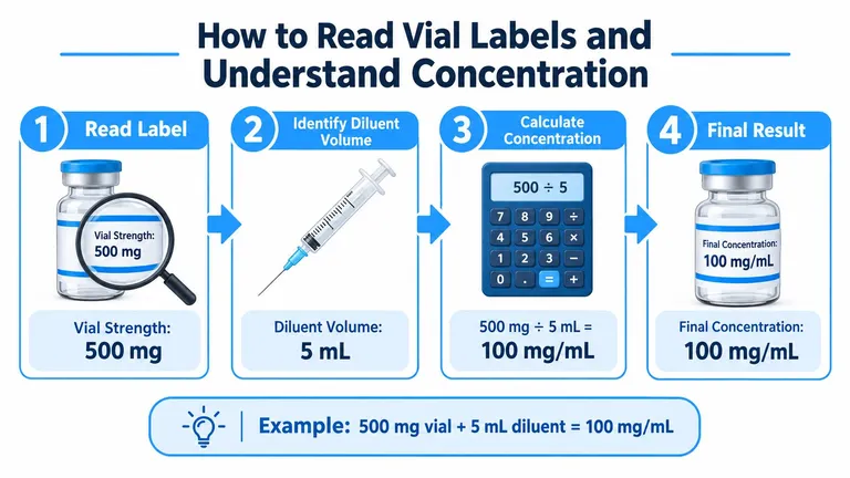 An infographic showing the four steps to calculate medication concentration using a vial, diluent, and calculator.