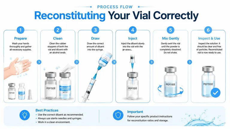 A six-step infographic showing the proper process for reconstituting a vial of medication or peptide.