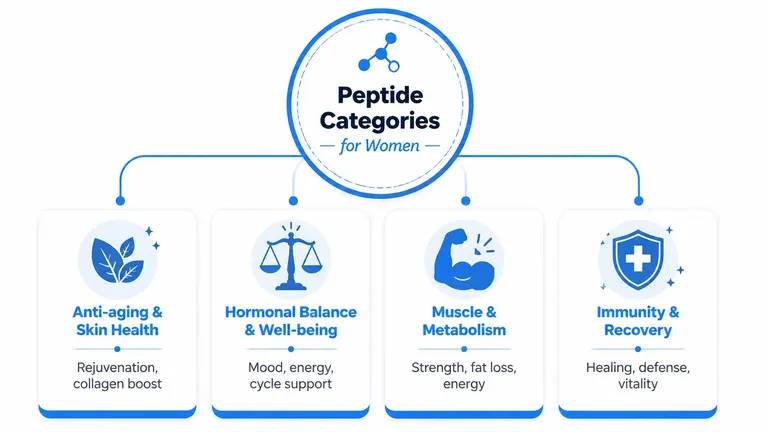 A diagram outlining four main categories of peptide benefits for women: skin health, hormones, muscle, and immunity.