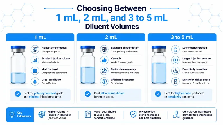 An infographic comparing diluent volumes of 1 mL, 2 mL, and 3 to 5 mL for injections.