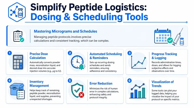 An infographic detailing six essential tools for simplifying the dosing and scheduling of peptide logistics for users.