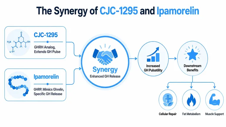 A diagram illustrating the synergy of CJC-1295 and Ipamorelin for enhanced growth hormone release and health benefits.