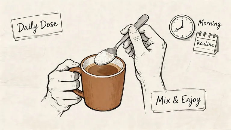 A hand stirring collagen peptide powder into a mug of coffee during a morning routine.
