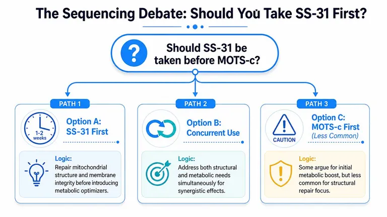 A flowchart explaining the debate on whether to take SS-31 before or concurrently with MOTS-c peptide protocols.