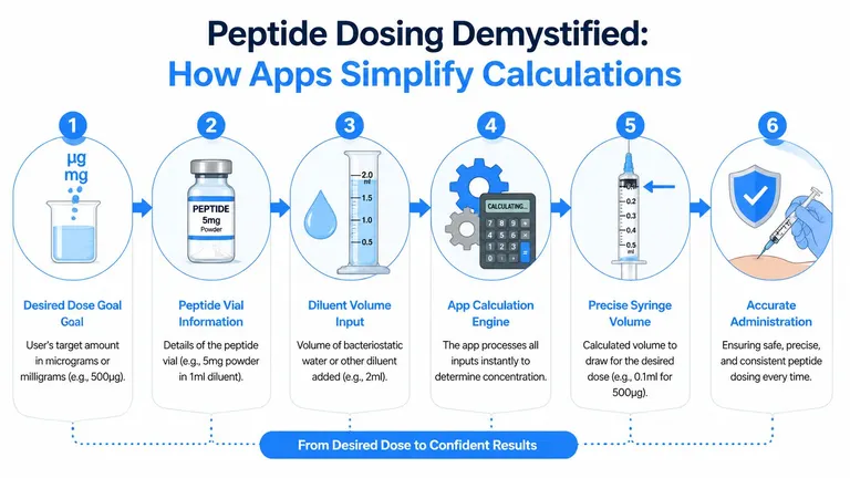 A step-by-step infographic illustrating how a peptide calculator app simplifies dosing from measurement to administration.