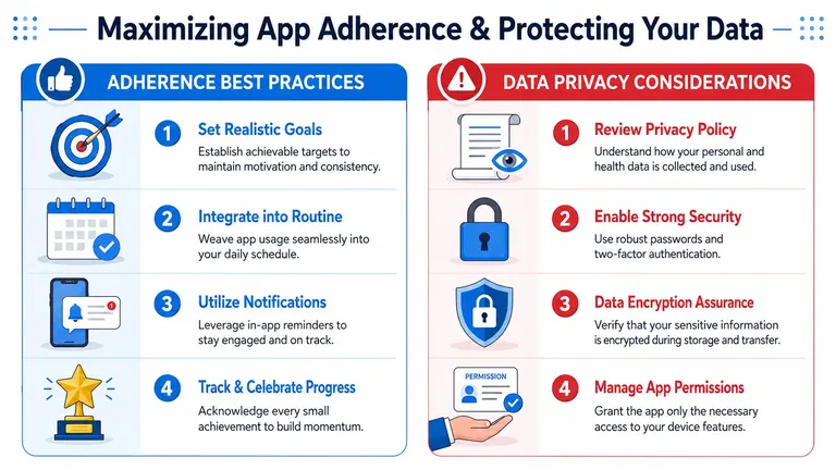 An infographic titled Maximizing App Adherence and Protecting Your Data outlining tips for health app usage and security.