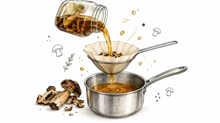 A hand-drawn illustration showing a glass jar pouring mushroom broth through a coffee filter into a pot.