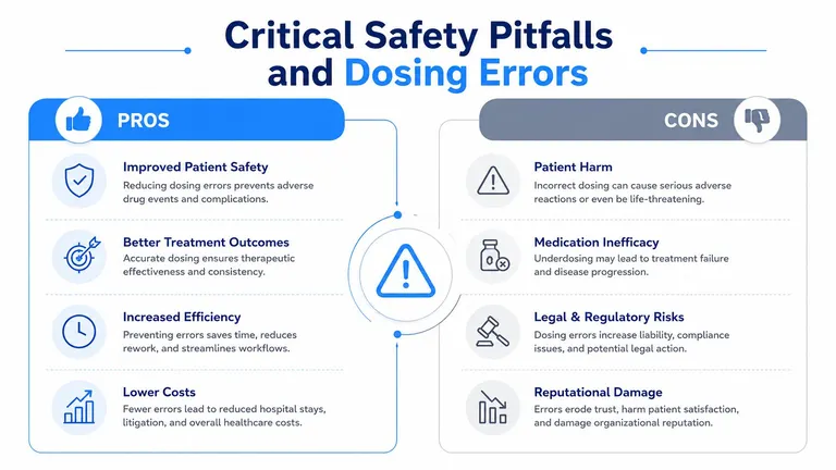 An infographic comparing the benefits of patient safety and the consequences of dosing errors in healthcare.