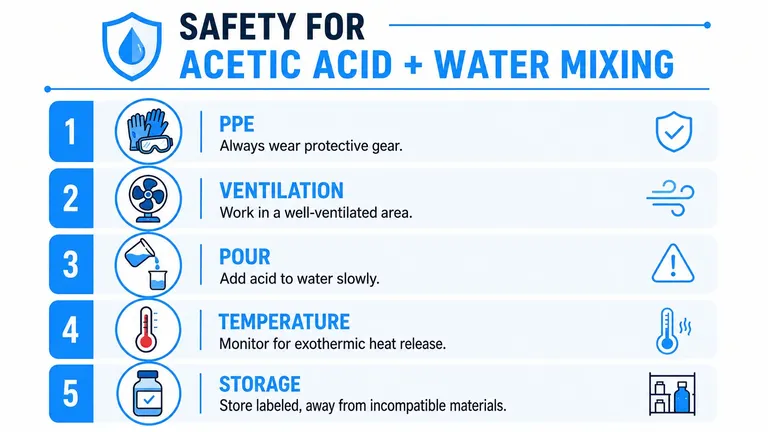 A safety infographic illustrating five key steps for safely mixing acetic acid with water in a lab.