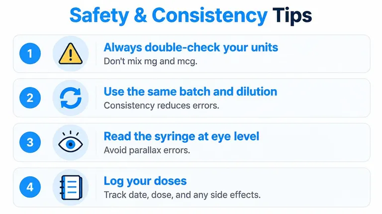 A safety and consistency infographic with four numbered tips for accurate medication administration and dosage logging.