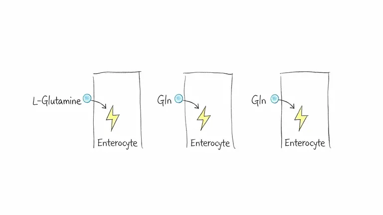 A hand-drawn diagram illustrating L-Glutamine being transported into three separate enterocytes, represented by blue circles.