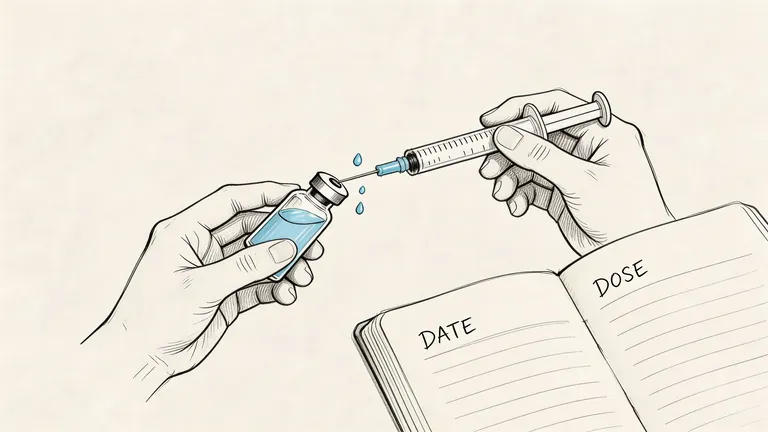 A hand drawing a vaccine dose from a small glass vial with a medical syringe and needle.