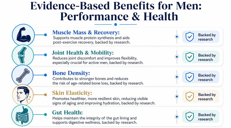 An infographic showing five evidence-based benefits of collagen for men, including muscle recovery, joint, bone, skin, and gut health.