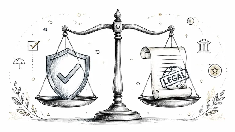 An artistic sketch of a balance scale representing legal compliance, featuring a shield and legal documentation.