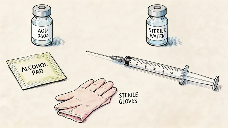 Medical supplies including AOD 9604, sterile water, a syringe, an alcohol pad, and a sterile glove.