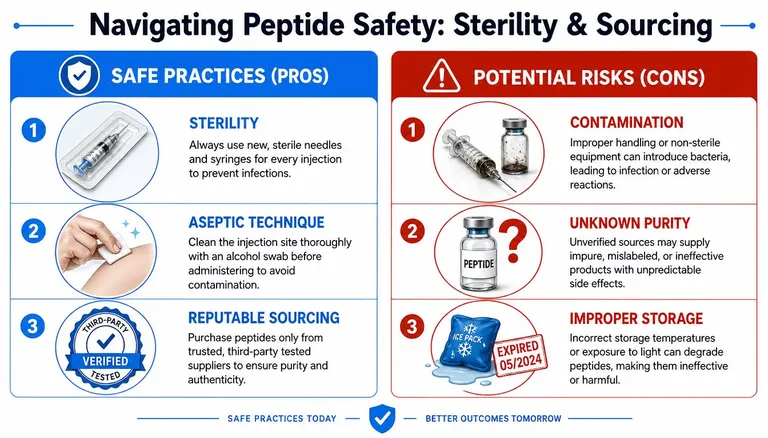 An infographic titled Navigating Peptide Safety highlighting sterile practices versus potential risks of peptide injections.