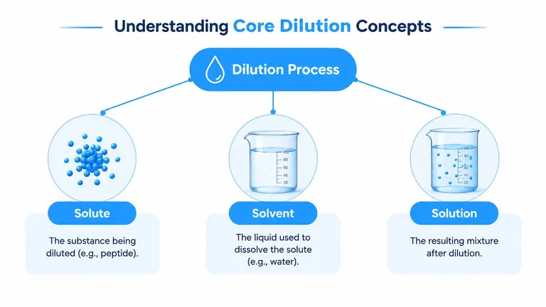 An educational infographic illustrating the core concepts of the dilution process: solute, solvent, and solution.