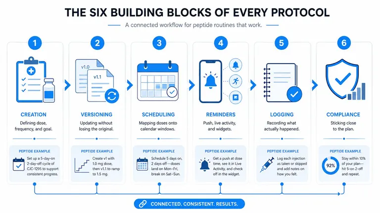 A six-step infographic detailing the workflow and building blocks for an effective peptide protocol management routine.