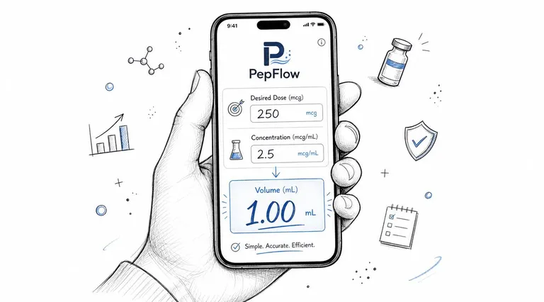 A hand holding a smartphone displaying the PepFlow dosage calculation app with input fields and volume result.