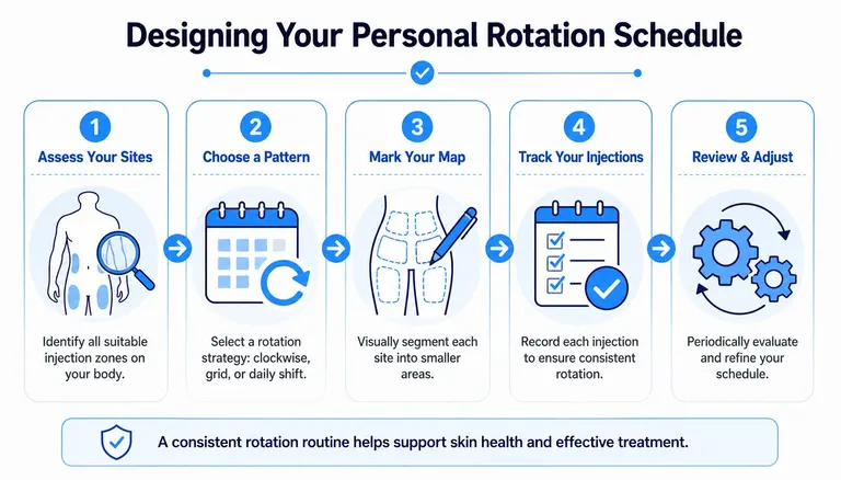 An infographic showing a five-step guide for creating a personal injection site rotation schedule for health.
