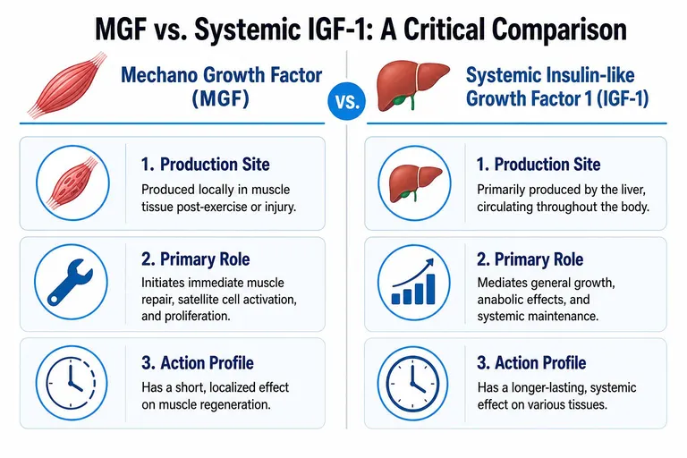 A comparison infographic between Mechano Growth Factor and systemic IGF-1 highlighting production, roles, and action profiles.