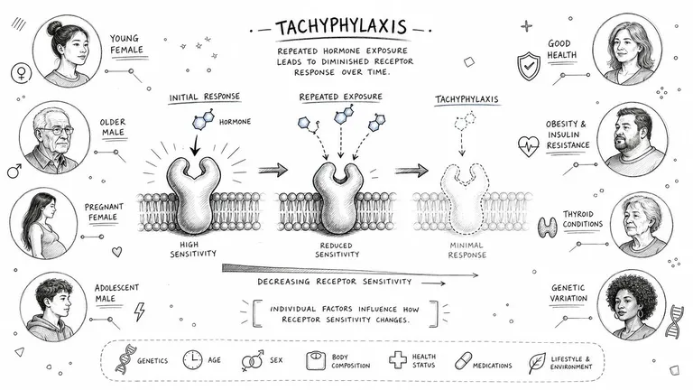 A diagram illustrating tachyphylaxis, showing how repeated hormone exposure leads to reduced receptor sensitivity over time.