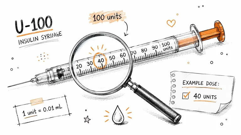 A hand-drawn illustration showing a U-100 insulin syringe with a magnifying glass focused on the 40 unit mark.