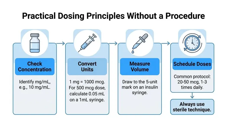 A diagram outlining practical dosing steps including concentration, unit conversion, measuring volume, and scheduling for safe administration.
