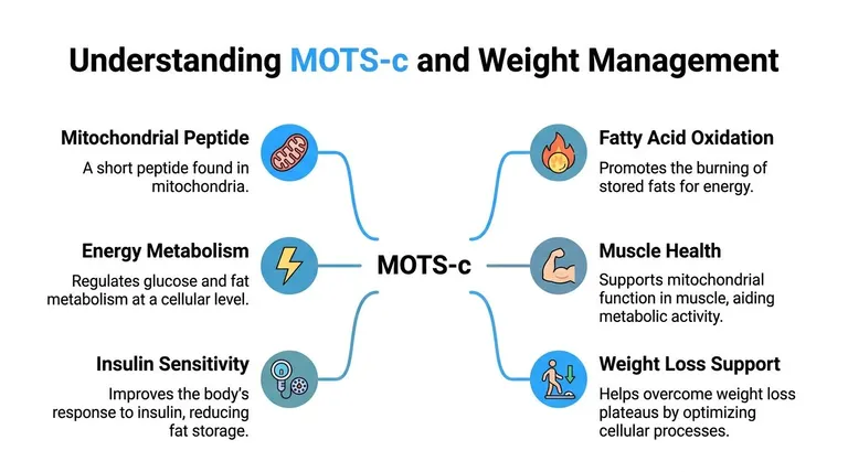 A diagram explaining the role of MOTS-c, a mitochondrial peptide, in regulating metabolism and supporting weight management.