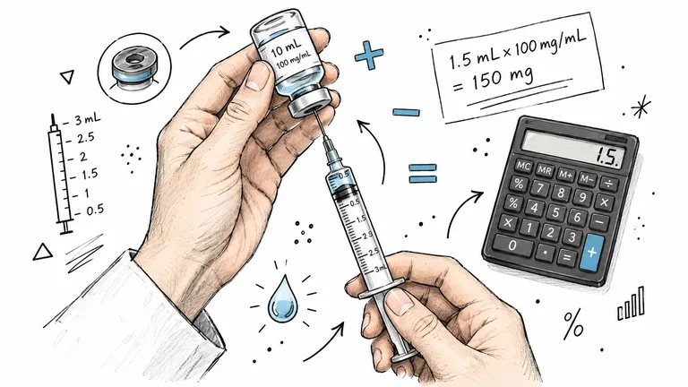 A hand drawing a liquid medication from a vial into a syringe with a calculator showing calculation results.