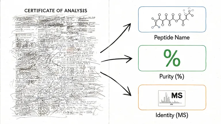 A diagram illustrating a certificate of analysis document being processed into peptide name, purity percentage, and identity.